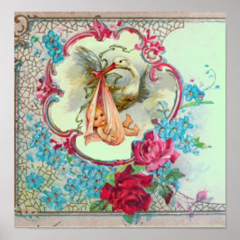 コウノトリ赤ちゃん女の子シャワーグリーン ポスター