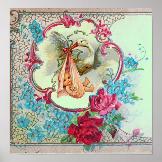 コウノトリ赤ちゃん女の子シャワーグリーン ポスター (正面)