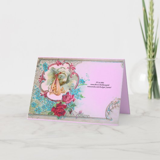 コウノトリ赤ちゃん女の子シャワーピンクのバラ、花モノグラム 招待状 (裏面)