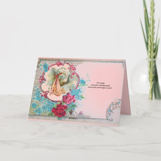 コウノトリ赤ちゃん女の子シャワーピンクのバラ、花モノグラム 案内状 (裏面)