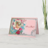 コウノトリ赤ちゃん女の子シャワーピンクのバラ、花モノグラム 案内状 (正面)