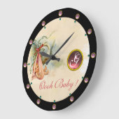 コウノトリ赤ちゃん女の子シャワーピンクジェムストーンモノグラム ラージ壁時計 (傾斜)