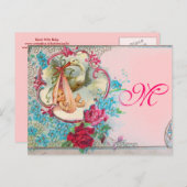 コウノトリ赤ちゃん女の子シャワーピンクブルーフローラモノグラム インビテーションポストカード (正面/裏面)