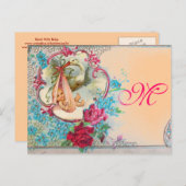 コウノトリ赤ちゃん女の子シャワーピンクブルーフローラモノグラム インビテーションポストカード (正面/裏面)