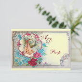 コウノトリ赤ちゃん女の子シャワーピンクブルーフローラモノグラム 出欠カード (スタンド正面)