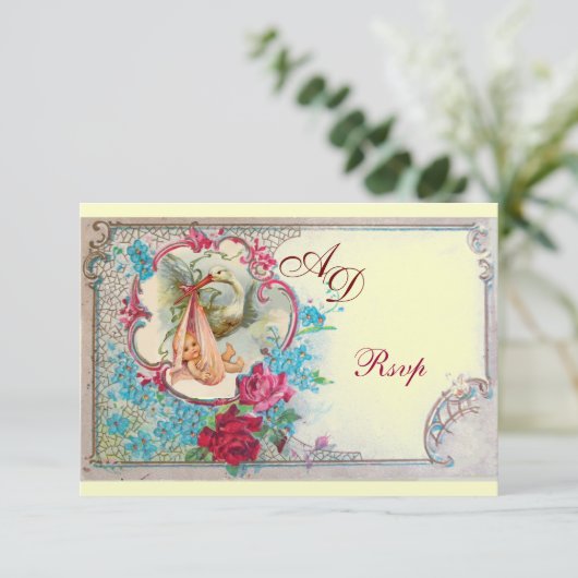 コウノトリ赤ちゃん女の子シャワーピンクブルーフローラモノグラム 出欠カード (スタンド正面)