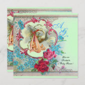 コウノトリ赤ちゃん女の子シャワーピンクブルーフローラモノグラム 招待状 (正面/裏面)