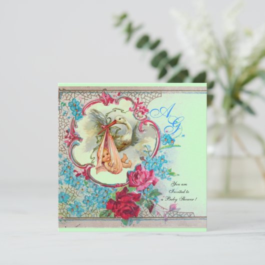 コウノトリ赤ちゃん女の子シャワーピンクブルーフローラモノグラム 招待状 (スタンド正面)