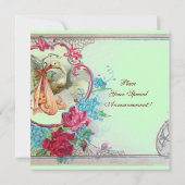 コウノトリ赤ちゃん女の子シャワーピンクブルーフローラモノグラム 招待状 (裏面)