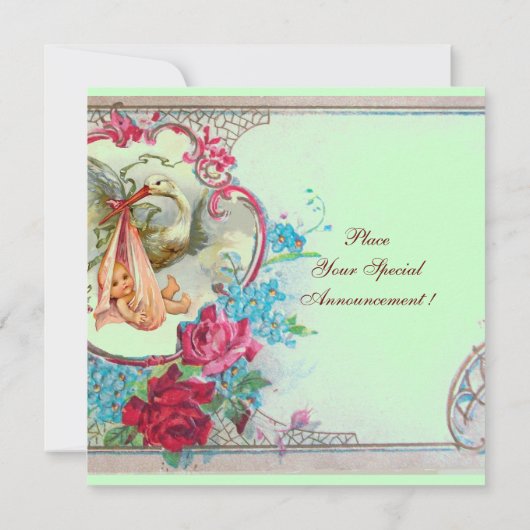 コウノトリ赤ちゃん女の子シャワーピンクブルーフローラモノグラム 招待状 (裏面)