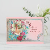 コウノトリ赤ちゃん女の子シャワーピンクブルーフローラモノグラム 招待状 (スタンド正面)