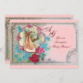 コウノトリ赤ちゃん女の子シャワーピンクブルーフローラモノグラム 招待状 (正面/裏面)