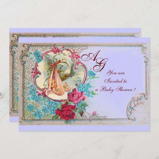 コウノトリ赤ちゃん女の子シャワーピンクブルーフローラモノグラム 招待状 (正面/裏面)