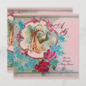 コウノトリ赤ちゃん女の子シャワーピンクブルーフローラモノグラム 招待状 (正面/裏面)