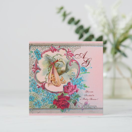 コウノトリ赤ちゃん女の子シャワーピンクブルーフローラモノグラム 招待状 (スタンド正面)