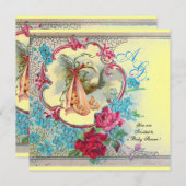 コウノトリ赤ちゃん女の子シャワーピンクブルーフローラモノグラム 招待状 (正面/裏面)