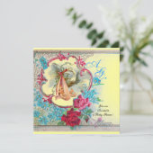 コウノトリ赤ちゃん女の子シャワーピンクブルーフローラモノグラム 招待状 (スタンド正面)