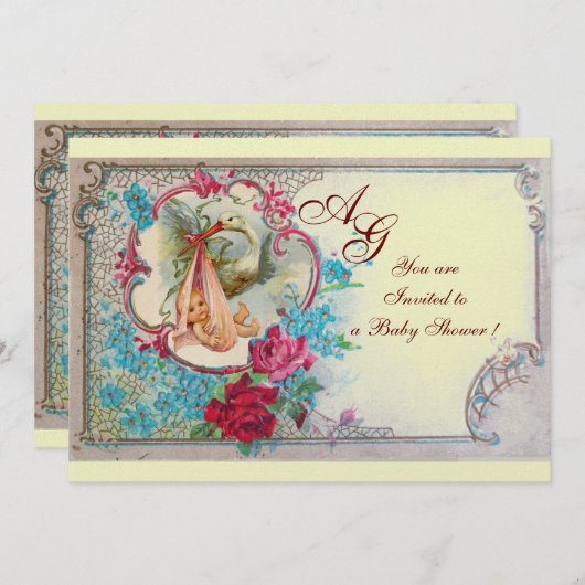 コウノトリ赤ちゃん女の子シャワーピンクブルーフローラモノグラム 招待状 (正面/裏面)