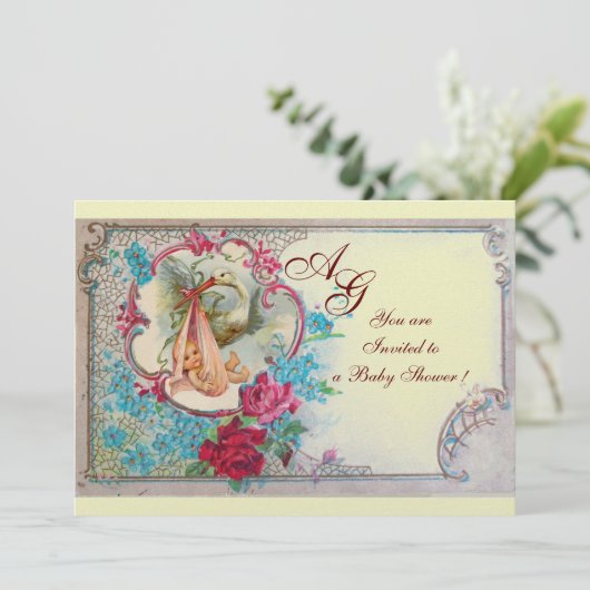 コウノトリ赤ちゃん女の子シャワーピンクブルーフローラモノグラム 招待状 (スタンド正面)