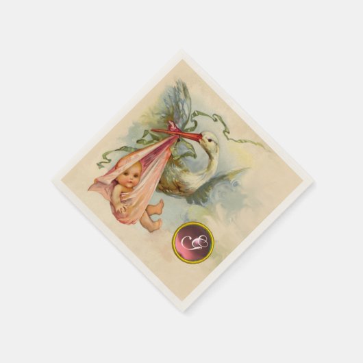 コウノトリ赤ちゃん女の子シャワーピンク宝石ストーンモノグラム スタンダードカクテルナプキン (角)