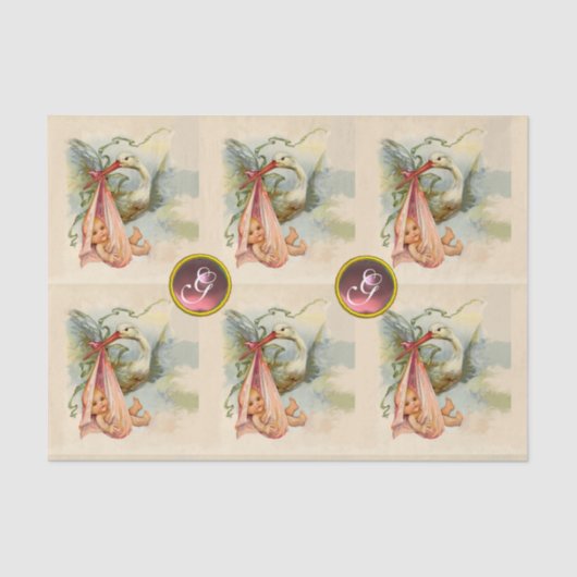 コウノトリ赤ちゃん女の子シャワーピンク宝石ストーンモノグラム 薄葉紙 (正面)