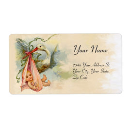 コウノトリ赤ちゃん女の子シャワーピンク ラベル