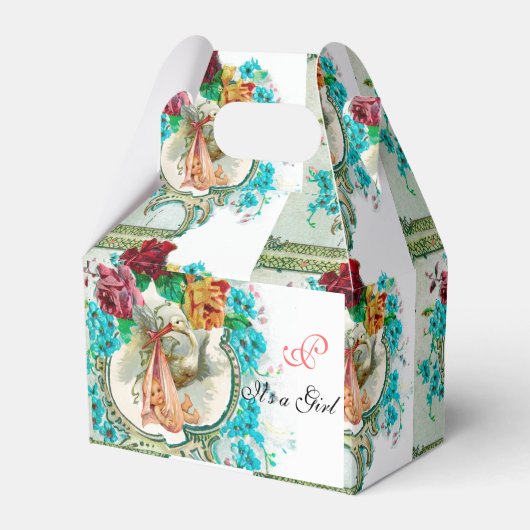 コウノトリ赤ちゃん女の子シャワーモノグラムホワイト フェイバーボックス (正面サイド)
