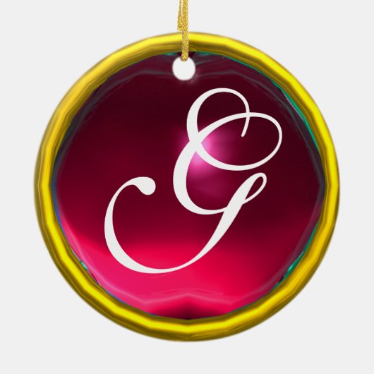 コウノトリ赤ちゃん女の子シャワー2モノグラム赤ルビー セラミックオーナメント (裏面)