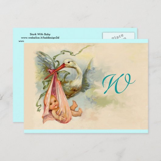 コウノトリ赤ちゃん女の子シャワー2 インビテーションポストカード (正面/裏面)