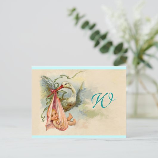 コウノトリ赤ちゃん女の子シャワー2 インビテーションポストカード (スタンド正面)