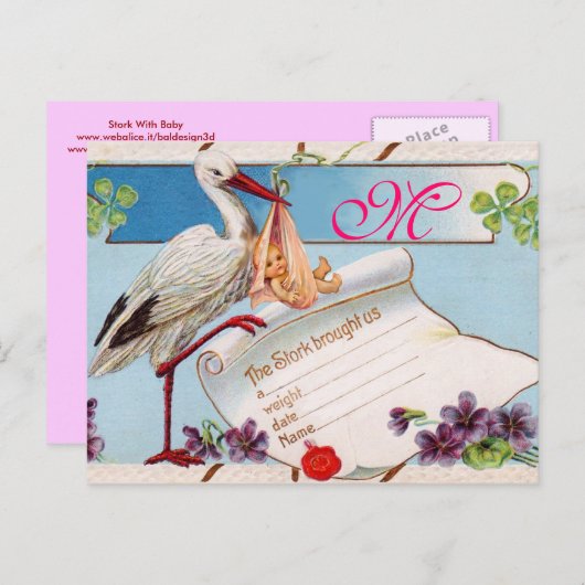 コウノトリ赤ちゃん女の子シャワー2 インビテーションポストカード (正面/裏面)