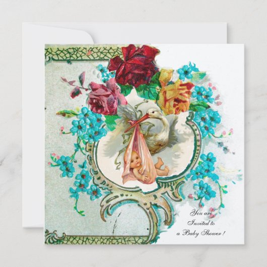 コウノトリ赤ちゃん女の子シャワー、ピンクのバラと青い花 招待状 (正面)