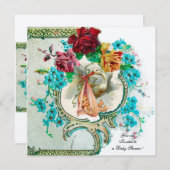 コウノトリ赤ちゃん女の子シャワー、ピンクのバラと青い花 招待状 (正面/裏面)