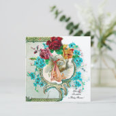 コウノトリ赤ちゃん女の子シャワー、ピンクのバラと青い花 招待状 (スタンド正面)