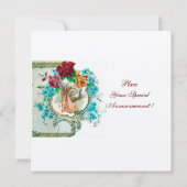 コウノトリ赤ちゃん女の子シャワー、ピンクのバラと青い花 招待状 (裏面)