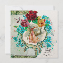 コウノトリ赤ちゃん女の子シャワー、ピンクのバラと青い花 招待状