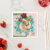 コウノトリ赤ちゃん女の子シャワー、ピンクのバラ、花モノグラム スタンダードカクテルナプキン (インサイチュ)