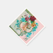 コウノトリ赤ちゃん女の子シャワー、ピンクのバラ、花モノグラム スタンダードカクテルナプキン (角)