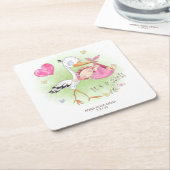*~*コウノトリ赤ちゃん女の子ハート花赤ちゃんシャワー スクエアペーパーコースター (アングル)