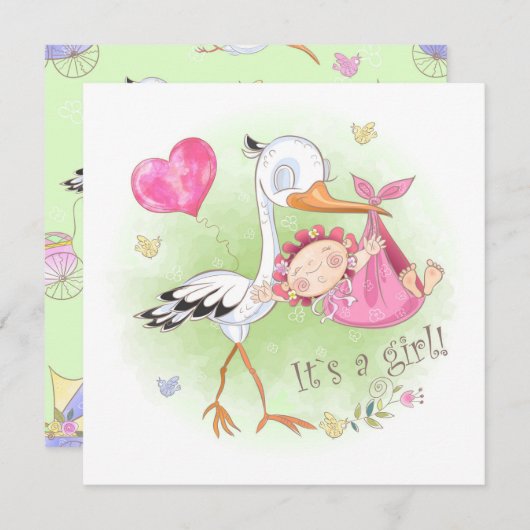*~*コウノトリ赤ちゃん女の子ハート花赤ちゃんシャワー 招待状 (正面/裏面)
