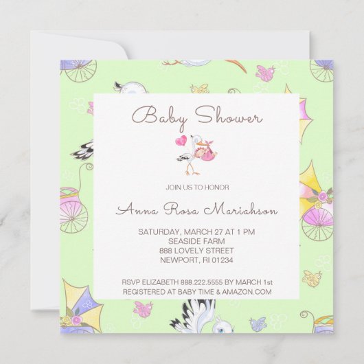 *~*コウノトリ赤ちゃん女の子ハート花赤ちゃんシャワー 招待状 (裏面)