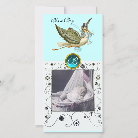 コウノトリ赤ん坊シャワー旋回モノグラムのアクアマリン 案内状 (正面)