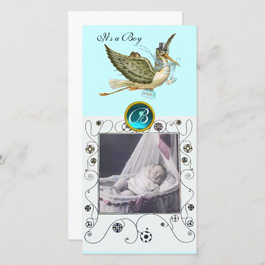 コウノトリ赤ん坊シャワー旋回モノグラムのアクアマリン 案内状 (正面/裏面)