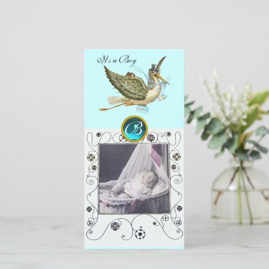 コウノトリ赤ん坊シャワー旋回モノグラムのアクアマリン 案内状 (スタンド正面)