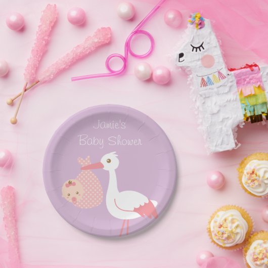 コウノトリ配達かわいいベビーガールシャワーパーティー ペーパープレート (パーティー)