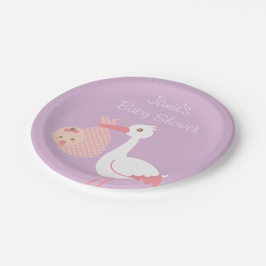 コウノトリ配達かわいいベビーガールシャワーパーティー ペーパープレート (アングル)
