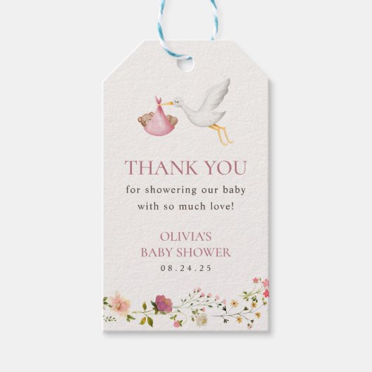 コウノトリ配達ピンクフローラガールベビーシャワーの好意 ギフトタグ (正面)