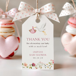 コウノトリ配達ピンクフローラガールベビーシャワーの好意 ギフトタグ