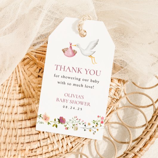 コウノトリ配達ピンクフローラガールベビーシャワーの好意 ギフトタグ