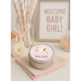 コウノトリ配達ベビーガールピンク ラウンドシール